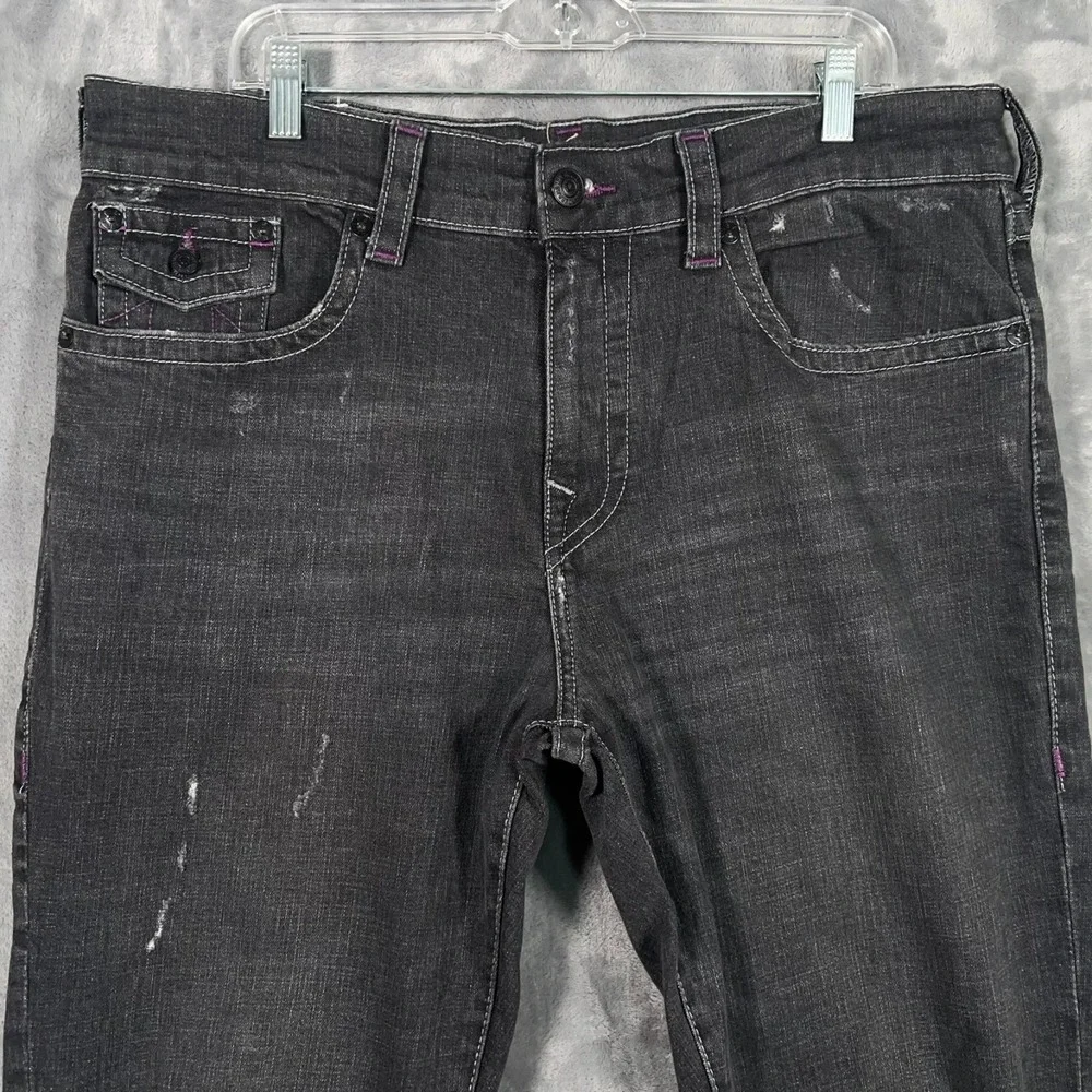 True Religion Ricky Relaxed Straight Jeans Men 38x34 Gray Distressed Flap Pocket
